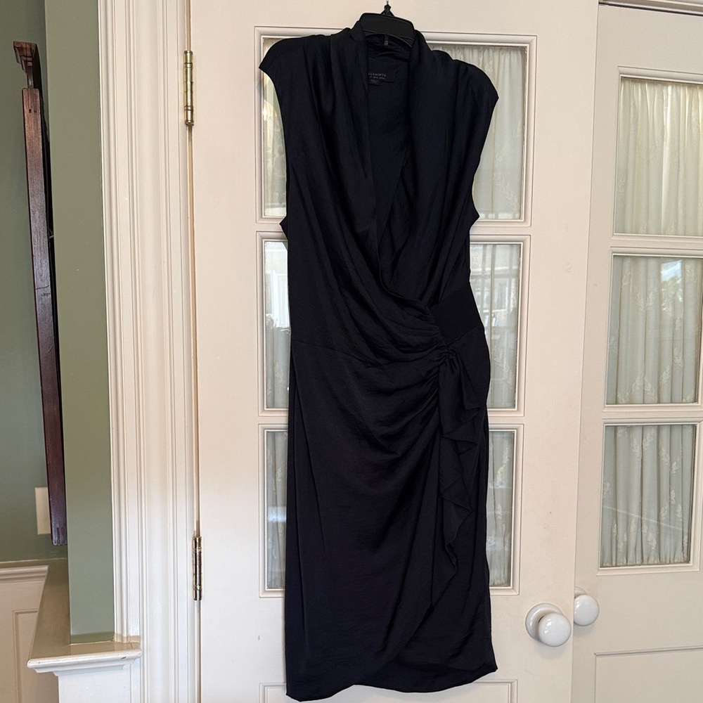 All Saints Cancity Black Draped Silk Midi Dress
